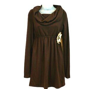 Judith March Brown Cowl Neck Sweater Dress Quilted Flower Detail Small